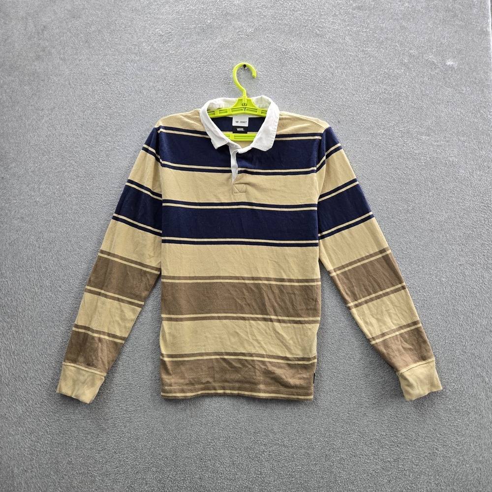 Vans Men Polo Shirt SMALL Tan Striped Rugby Shirt Classic Long Sleeve
